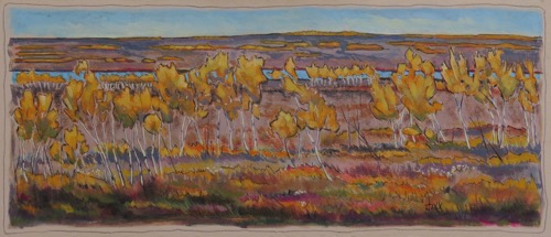 From the Bluff Above Fort Carlton
24 x 56 mixed media on raw canvas $2600